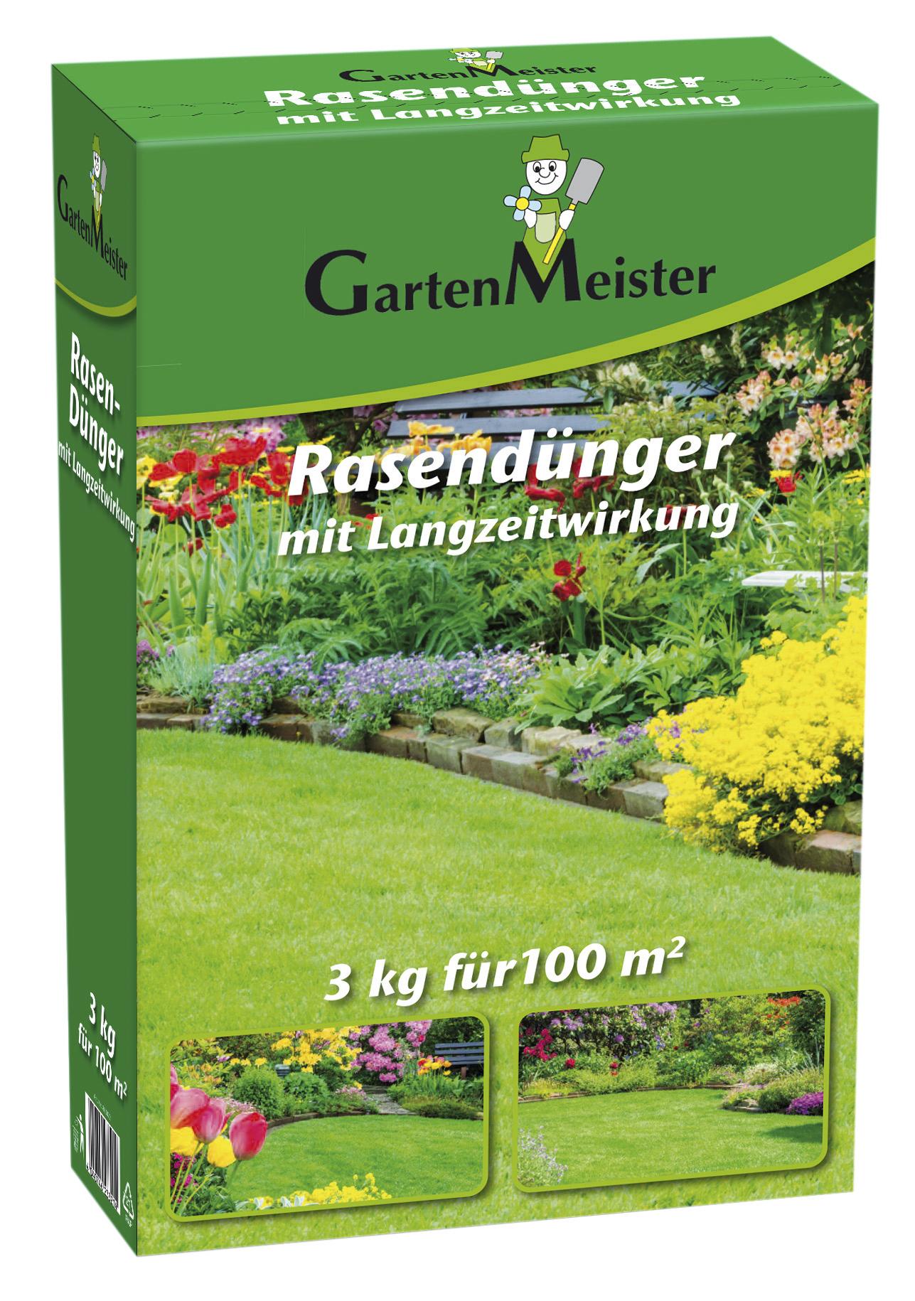 GartenMeister Rasendünger mit Langzeitwirkung, 3 kg - Reichweite bis zu 100 m²