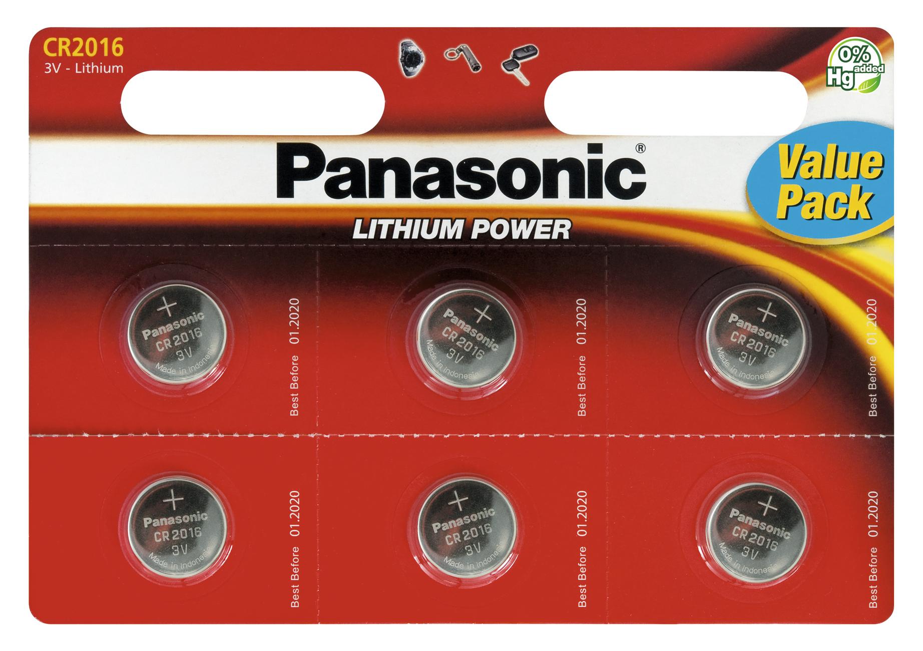 Panasonic Lithium Knopfzellen CR2016 - 6 Stück